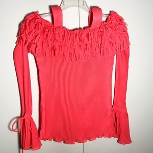 Kaely-N-Max Cold Shoulder Fringe Micro Pleated Top Long Sleeve Coral